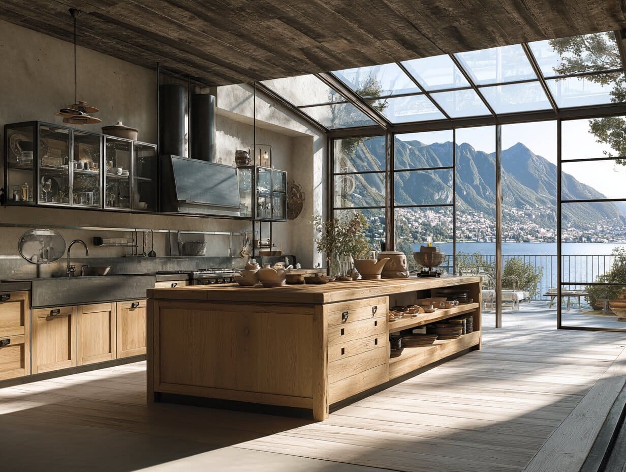 update-old-oak-kitchen-cabinets-modern Light oak kitchen cabinets and island with open shelving, black-framed glass uppers, and a glass wall overlooking a lake